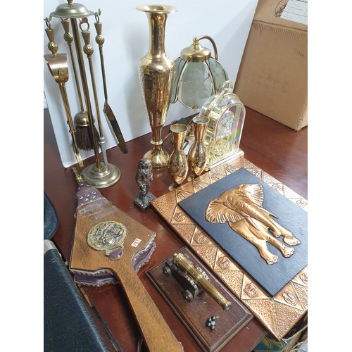 187 - A Selection Of Brass ware Companion Set, Vases, Mantel Clock, Cannon Elephant Picture, Lamp And Deep... 