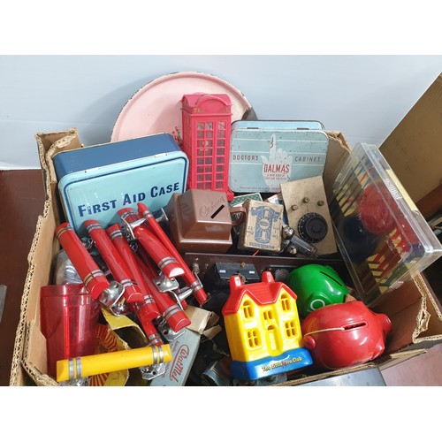 191 - A Box Of Advertising Tins Bakelite Items Philips Radio etc