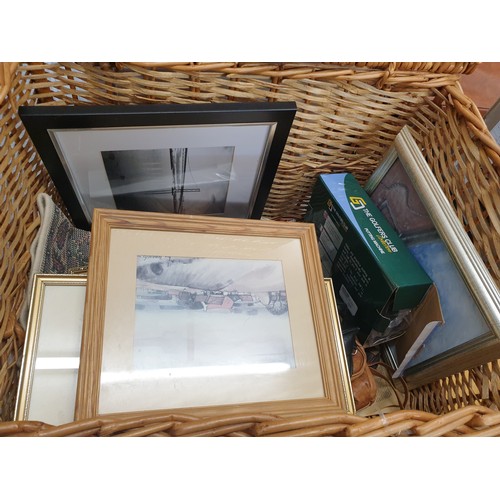 385 - Large Wicker Hamper Basket And Contnts Prints Paintings Etc