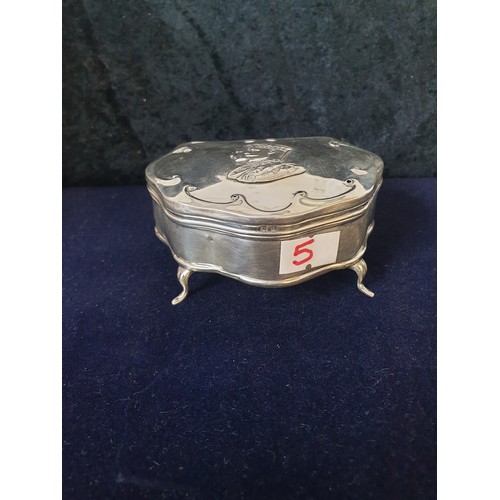 5 - Silver Hallmarked Ladies Jewellery Box On 4 S Shaped Feet With Coronation Design To Top With Beautif... 