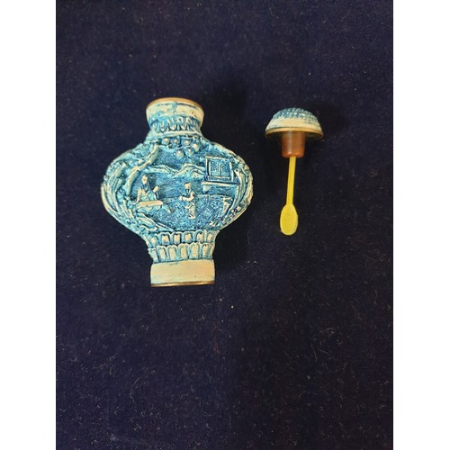 9 - Chinese Perfume Bottle With Stopper With Beautiful Raised Oriental Scene Signed To Base