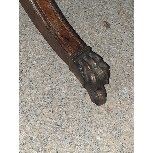 197 - Nice Little Leather Top Wine Table With Tri Leg Support and Brass Paw Caster Feet