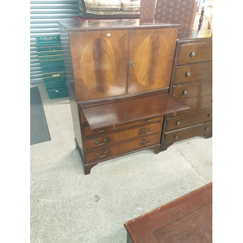 279 - 2 Door Drinks Cabinet In Burr Walnut, Leading To Writing Slope Then 4 Drawer Base With Brass Drop Ha... 