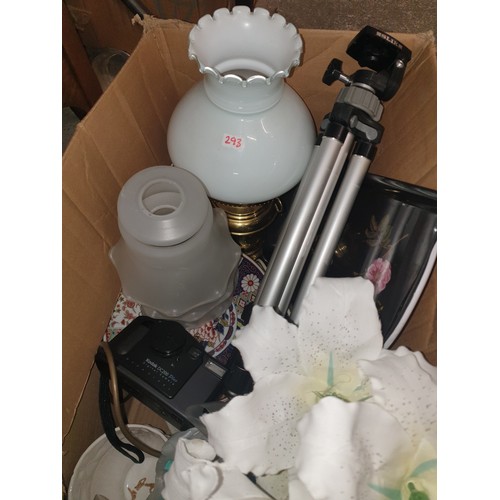 293 - 2 Boxes Of Miscellaneous Dinner Set, Brass Lamp, Tripod And Kodak DC200 Camera  Etc