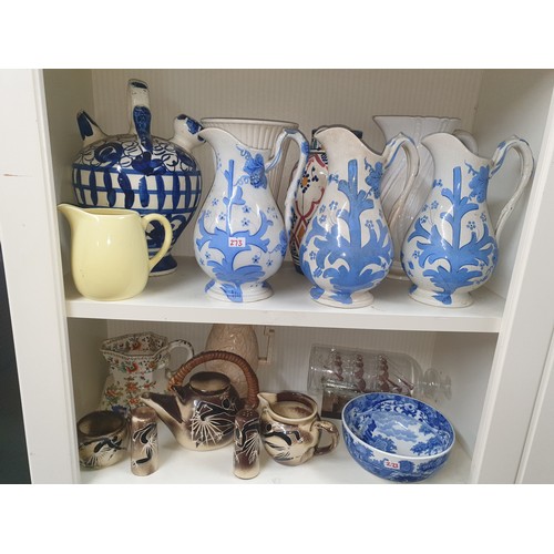 273 - 2 Shelves Of Collectables Victorianna, Ship In A Bottle , Ballister Jugs, Spode Etc