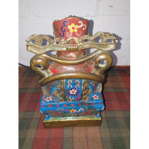 17 - Chinese Bronze And Cloisonne Money Wealth Yuanbao Temple  Statue Stands25 cms Tall signed to Base