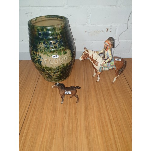 103 - A Beswick Indian On Horseback, Beswick Foal And Scottish Pottery Flour Crock All With Faults