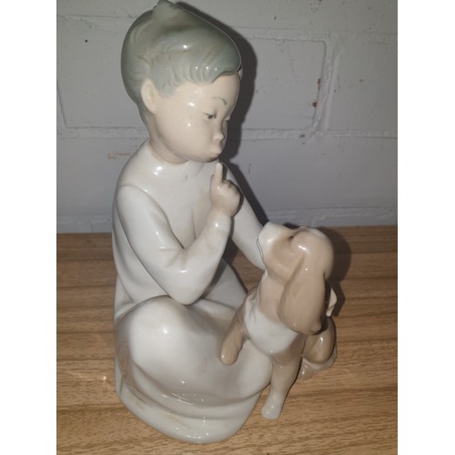 95 - A Large Lladro Fugure Boy With Puppy Be Quiet Please