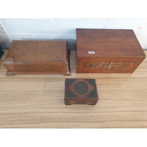 137 - 3 Wooden Boxes 1 Oriental Metal Bound And Nice Wooden Carved Freize Box