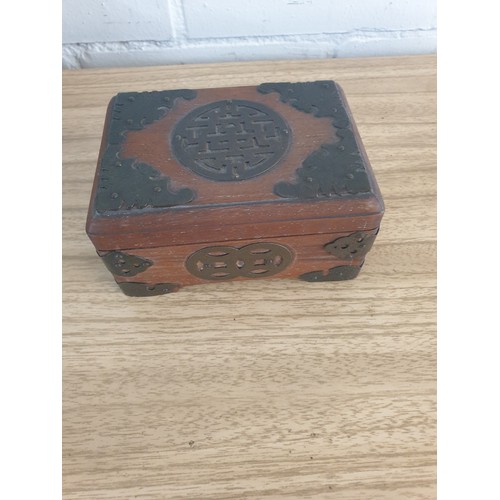 137 - 3 Wooden Boxes 1 Oriental Metal Bound And Nice Wooden Carved Freize Box