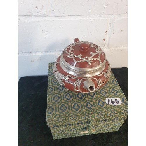 165 - Chinese Vixing White Metal Overlaid Red Clay Tea Pot Signed To Base With Box