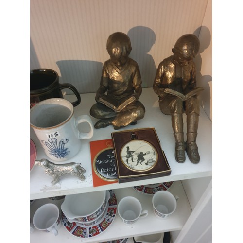 115 - Shelf Of Collectables Including 2 Bronzed Figures etc