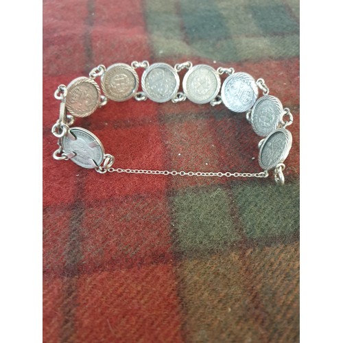 23 - Silver Three Penny Bracelet with 9 Silver Three Pennies And Safety Chain