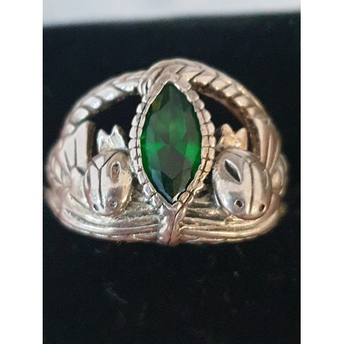 26 - A Large Silver Snake Ring set With oval Green Stone To Centre [Size Y]