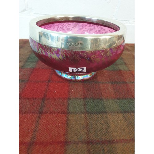 122 - Silver Hallmarked Rimmed Cranberry Glass Bowl a/f