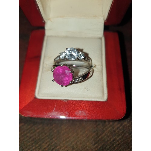 12A - 2 Silver Rings Pink Stone Size N Clear 3 Stone Ring Size O