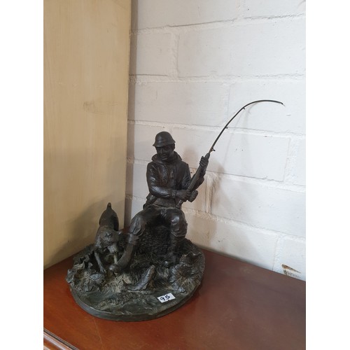 95 - Large Bronzed Fisherman Figure With His Dog Catching Trout 42 cms