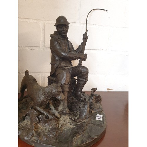 95 - Large Bronzed Fisherman Figure With His Dog Catching Trout 42 cms