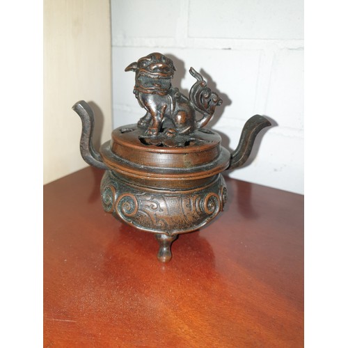 96 - Oriental Bronze Koro Pot With Lid And Dog Of Wu Finial