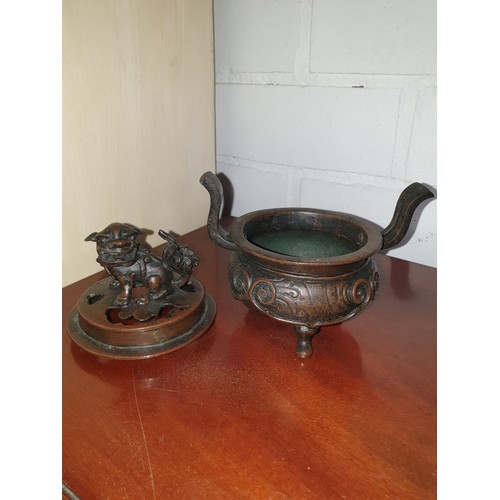 96 - Oriental Bronze Koro Pot With Lid And Dog Of Wu Finial