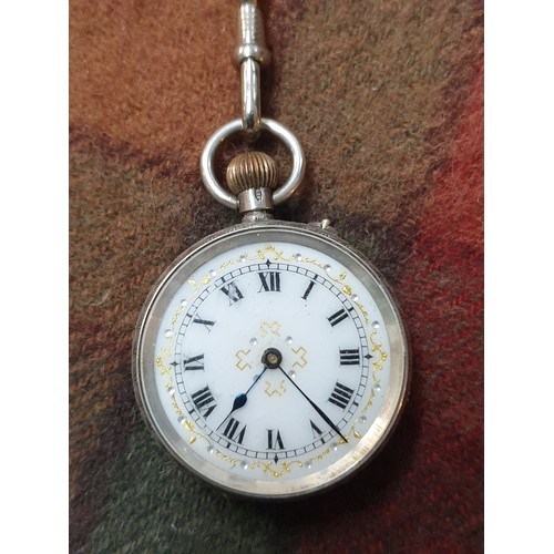 1 - Silver Ladies With Beautiful Enamel Face Winds And Ticks Nicely With Albertina Watch Chain