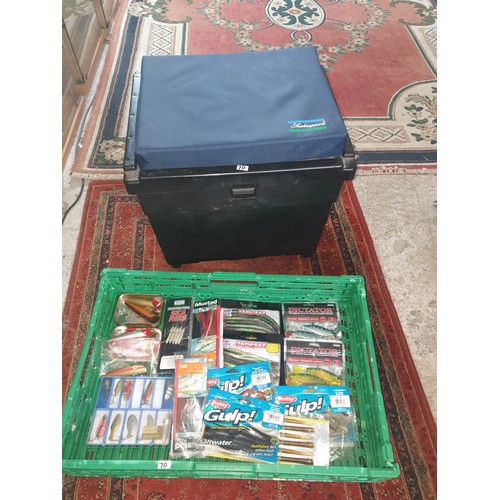 70 - A Crate Of Sea Fishing Tackle Etc And Shakespeare Fishing Stool Storage Box And Contents