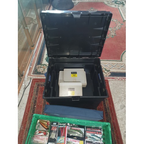 70 - A Crate Of Sea Fishing Tackle Etc And Shakespeare Fishing Stool Storage Box And Contents