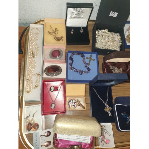 30 - Large Tray Of Assorted Jewellery Watches, Scottish Brooches, Celtic And Masonic Items etc