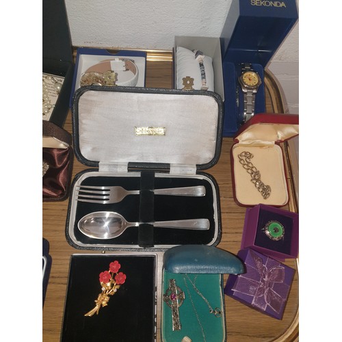 30 - Large Tray Of Assorted Jewellery Watches, Scottish Brooches, Celtic And Masonic Items etc