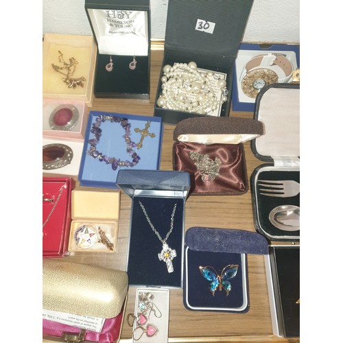 30 - Large Tray Of Assorted Jewellery Watches, Scottish Brooches, Celtic And Masonic Items etc