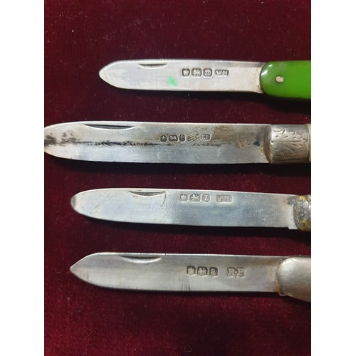 10 - 4 Silver Hallmarked Fruit Knifes 3 Mother Of Pearl Handles 1 Other Enamel