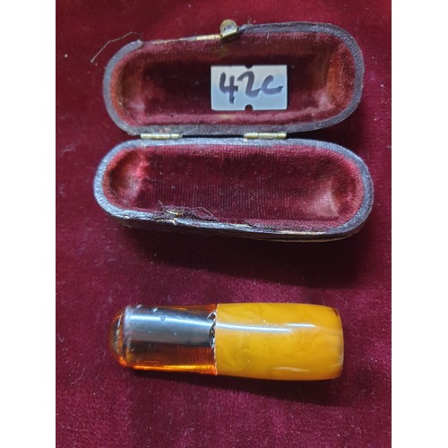 42C - Antique Amber Cheroot In Vintage Leather Case