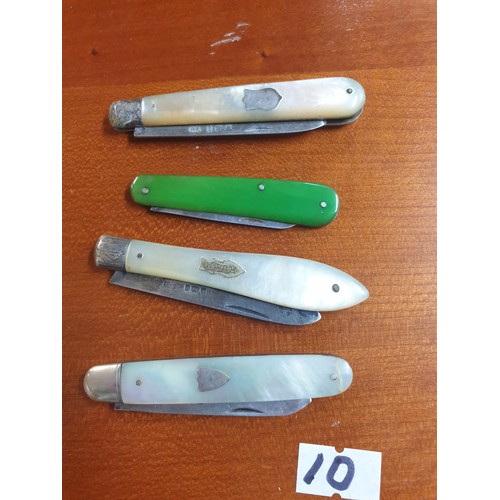 10 - 4 Silver Hallmarked Fruit Knifes 3 Mother Of Pearl Handles 1 Other Enamel