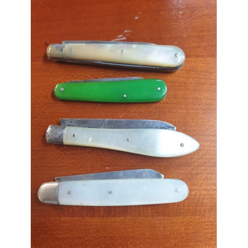 10 - 4 Silver Hallmarked Fruit Knifes 3 Mother Of Pearl Handles 1 Other Enamel