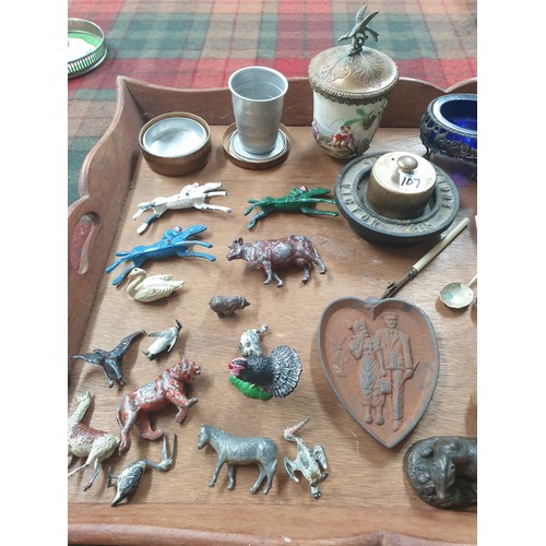 150 - Tray Of Collectables Victorian Salts With Blue Glass Liners, Ink Well, Folding Cup Metal Animals, Sw... 