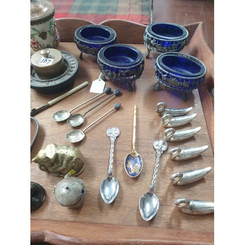 150 - Tray Of Collectables Victorian Salts With Blue Glass Liners, Ink Well, Folding Cup Metal Animals, Sw... 