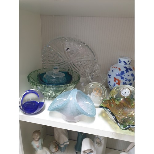 152 - Shelf Of Collectable Glassware Caithness Vases, Selkirk Paperweights, Carnival Glass Victorian Milk ... 