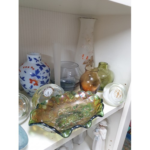 152 - Shelf Of Collectable Glassware Caithness Vases, Selkirk Paperweights, Carnival Glass Victorian Milk ... 