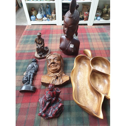 156 - Selection Of Wood Carvings And Large Blue Mountain Pottery Lion