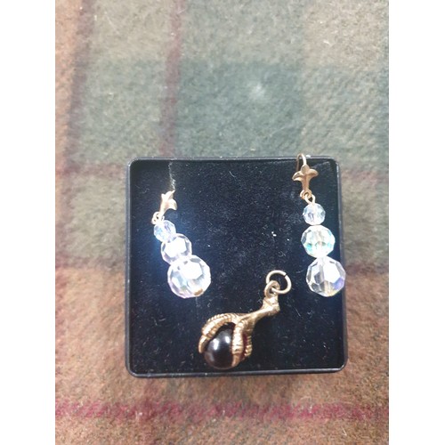 2 - 9Ct Yellow Gold Crystal Drop Ear Rings And 9Ct Gold Ball And Claw Charm 1.95g in charm