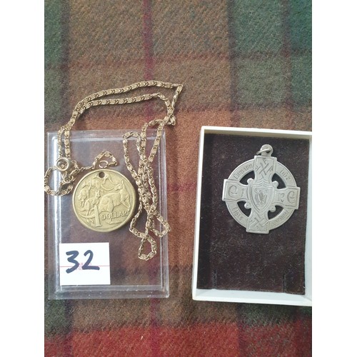 32 - Silver Hallmarked Irish Celtic Fob And Australian 1985 1 Dollar Coin with Gold Plated Necklace