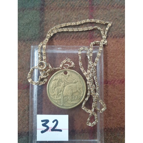 32 - Silver Hallmarked Irish Celtic Fob And Australian 1985 1 Dollar Coin with Gold Plated Necklace