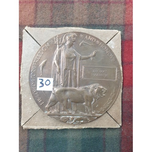 30 - WW1 Death Plaque with Presentation to Thomas Naismith With Original Box
