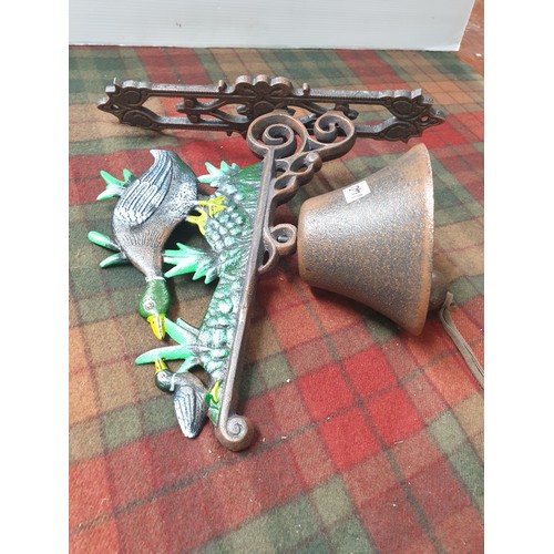 140 - Large Wall Mounted Cast Iron Bell With Mallard Duck And Duckling