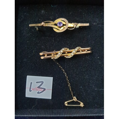 13 - Two 9ct Gold Bar Brooches 1 with Amethyst And The Other With  Seed Pearls. 3.9grams.