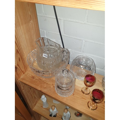 142 - Shelf Of Glass And Crystal Bowl, jug Dishes, Small Red Glasses, Paperweights etc