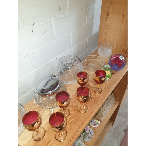 142 - Shelf Of Glass And Crystal Bowl, jug Dishes, Small Red Glasses, Paperweights etc