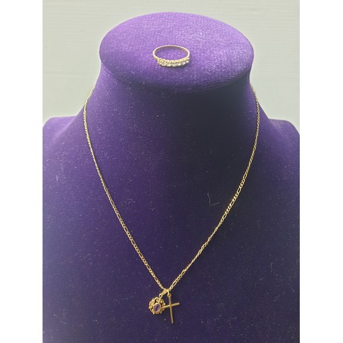 9B - 9ct Gold Chain With Amethyst 9ct Pendant 9ct Cross And 9ct CZ Ring.
