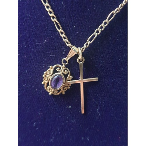 9B - 9ct Gold Chain With Amethyst 9ct Pendant 9ct Cross And 9ct CZ Ring.