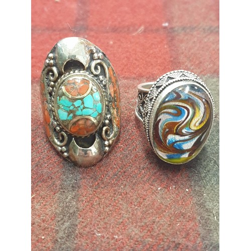 25B - 2 Unusual Silver Rings With Multi Coloured Stones